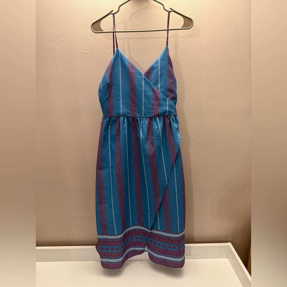 Sugar‎ + Lips Blue Striped Faux Wrap Midi Dress Women Size Medium Strappy Back